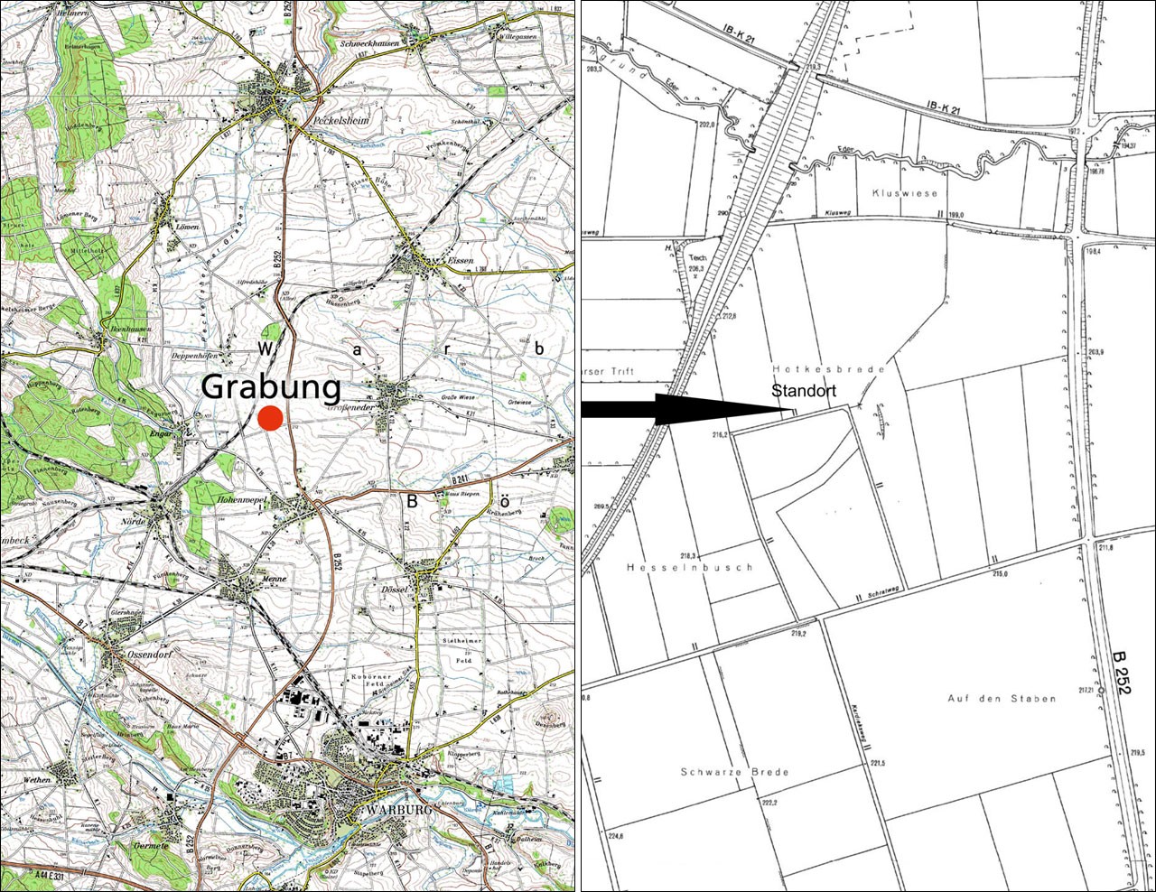 Lage der Grabung auf Kartenausschnitten