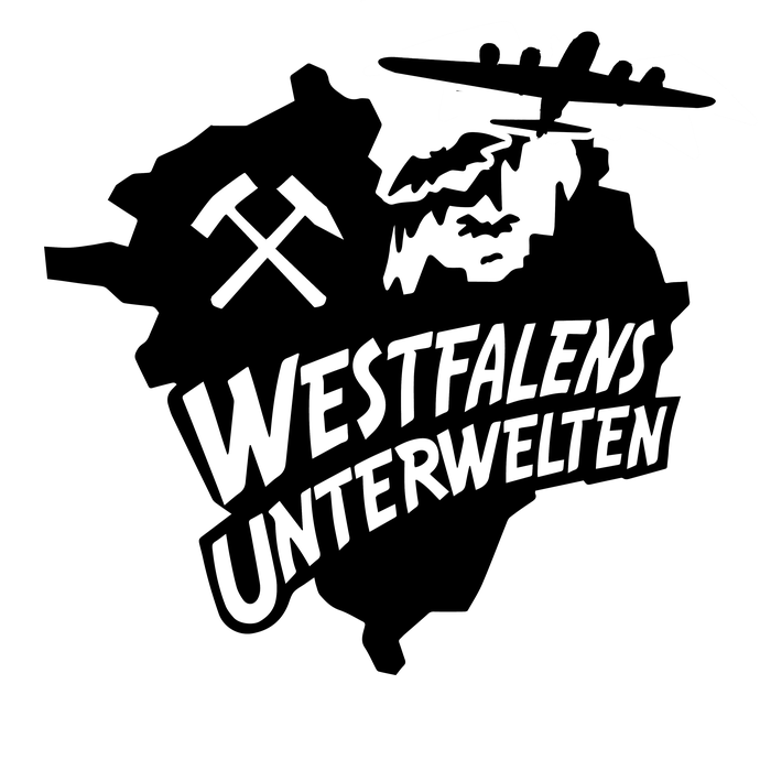 Das Logo von „Westfalens Unterwelten“ vereint Bergbau (Schlägel und Eisen), Höhlen (Fledermäuse und Stalagtiten) sowie Luftschutz. (vergrößerte Bildansicht wird geöffnet)