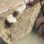 Grabungstücken: Schichtwasser behindert die zeichnerische Dokumentation eines noch 0,80 m tief erhaltenen Pfostens (LWL-Archäologie für Westfalen/T. Poggel). (vergrößerte Bildansicht wird geöffnet)