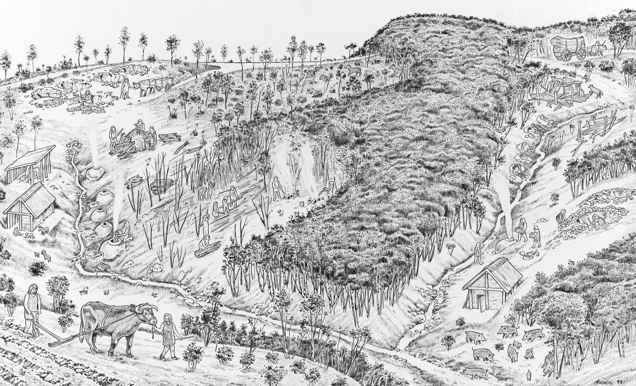 Mit diesem Lebensbild stellte Hartmut Laumann in den 1990er Jahre die Landschaftsnutzung im Sievgerland zur jüngeren Eisenzeit dar (Grafik: LWL-Archäologie für Westfalen/Andreas Müller).