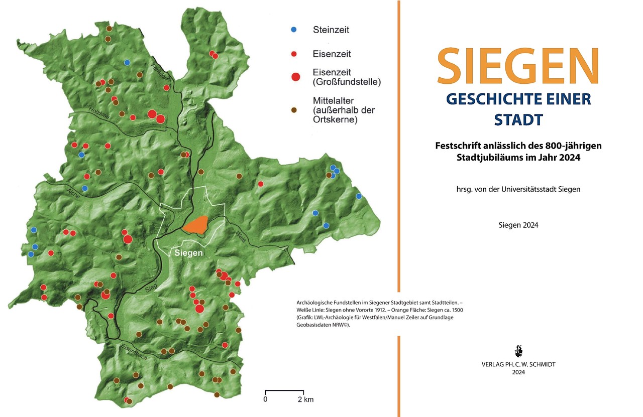 Kartografischer Überblick zu den wichtigsten archäologischen Fundstellen auf Siegener Stadtgebiet mit dem Titelblatt der neuen Publikation zum 800jährigen Stadtjubiläum. – Zusammenstellung: LWL-AfW Olpe/M. Baales