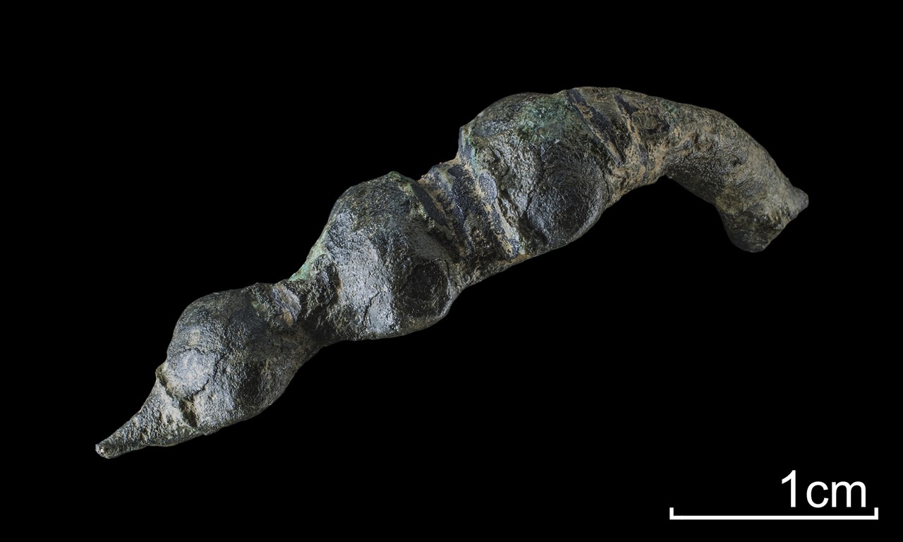 Trotz seiner geringen Größe und der starken Oberflächenabnutzung ist die plastische Verzierung des Fibelbügels aus Buckeln und Leisten gut erkennbar (Foto: LWL-Archäologie für Westfalen/H. Menne).