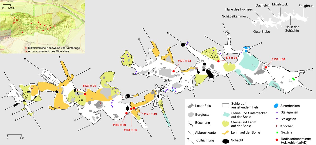 Die „Zwergenhöhle“ als Beispiel für einen großflächigen mittelalterlichen Tiefbau im Felsenmeer. Verschiedene Radiokarbon-datierte Holzkohlen sind ebenso wie die beiden Gezähe kartiert (Vermessung: SGS/T. Haun, H. Hackbarth, V. Hänisch, W. Hänisch, K. Hanewinkel, H. Hauswirth, M. Kenter, R. Klostermann, A. Möckel, B. Möckel, W. Pfeffer, T. Pieper, H. Radix, A. Regh, T. Schenk, R. Schlüter, H. Spiller u. P. Schüßler. – Kartographische Umsetzung: SGS/W. Hänisch und LWL-Archäologie für Westfalen/M. Zeiler auf Grundlage Geobasisdaten der Kommunen und des Landes NRW, ©Geobasis NRW 2018).