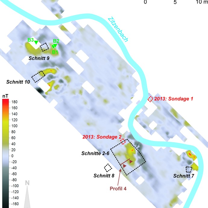 Untersuchungsgebiet Mittleres Zitzenbachtal (Ferndorf): Magnetogramm. (Grafik: LWL/M. Zeiler auf Grundlage PZP/T. Riese) (vergrößerte Bildansicht wird geöffnet)