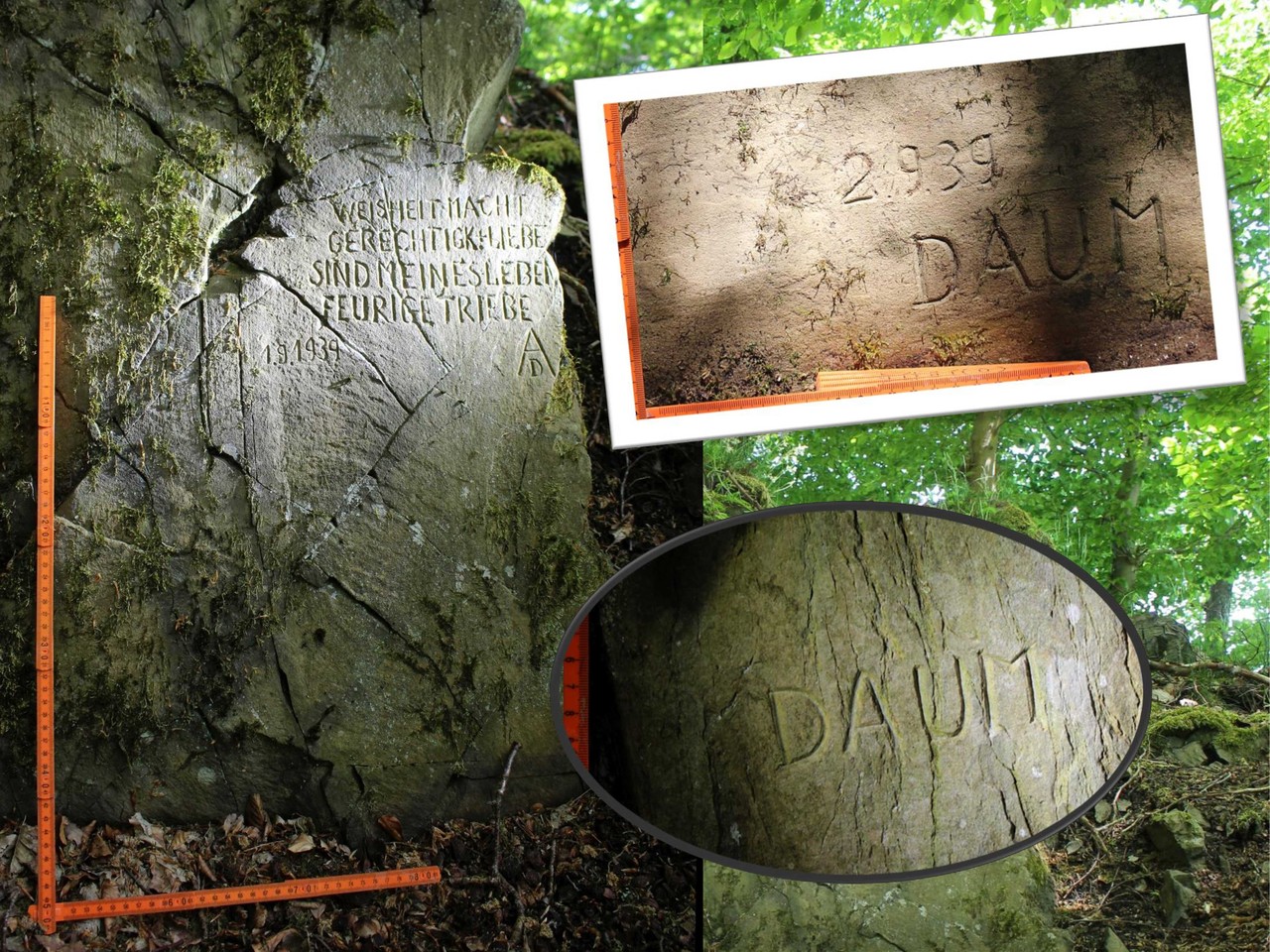 Die im Umfeld des Strumbergs erhaltenen Bildfelder: links die Hauptinschrift, rechts unten die zugeordnete, schon bekannte „DAUM“-Signatur und oben rechts die neu entdeckte Inschrift „2.9.39 DAUM“, die offensichtlich den Entstehungstag aller Inschriften datiert – Fotos: LWL-AfW Olpe/M. Zeiler.