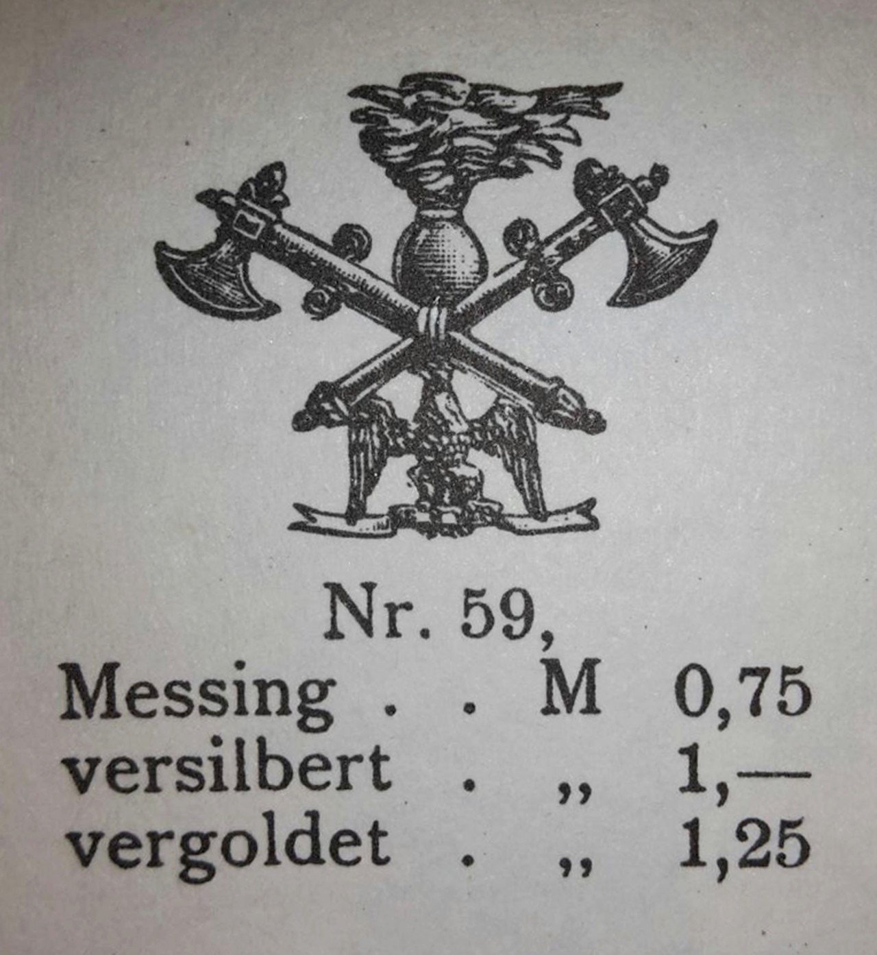 Werbung für ein Feuerwehr-Emblem aus Buntmetall aus einem alten Katalog (aus: U. Röfer, Wasser marsch! 2001, S. 74).