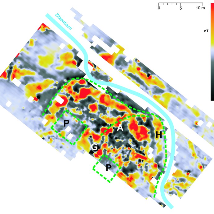 Oberes Zitzenbachtal (Ferndorf): Magnetogramm (Grafik: LWL/M. Zeiler auf Grundlage PZP/T. Riese) (vergrößerte Bildansicht wird geöffnet)