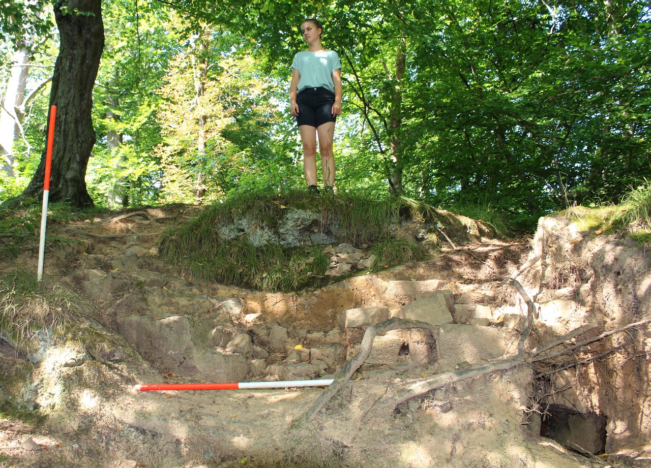 Die studentische Volontärin Tabea Blatzheim oberhalb der durch eine Raubgrabung freigelegten Mauerpartie einer kleinen nordsauerländischen Burganlage. Unten rechts die „Unterhöhlungs-Grabung“, in der ein weiterer Steinquader sichtbar ist. – Foto: LWL-AfW Olpe/Manuel Zeiler.