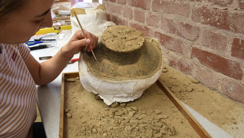 Vorsichtige Freilegung einer Brandbestattung in einer über 2500 Jahre alten „Nienburger Terrine“. (Foto: LWL-Archäologie für Westfalen/J. Rosbeck)