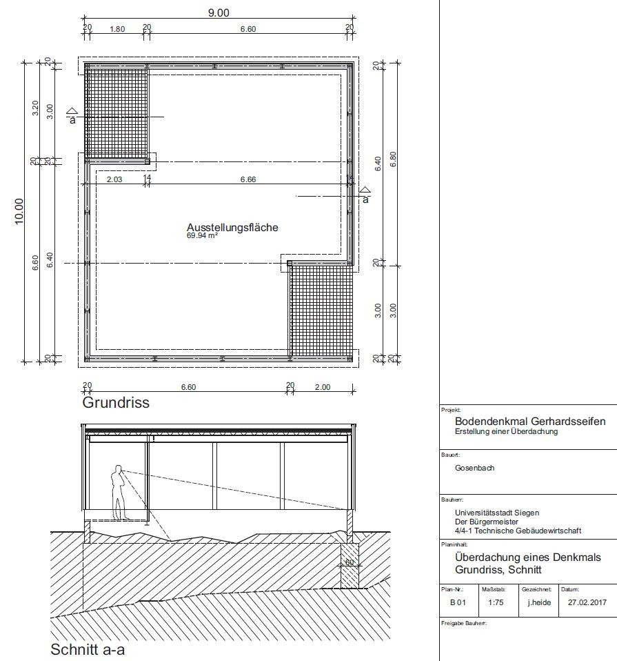 Besonders die Architektin Heike Balzer (damals: Untere Denkmalbehörde Siegen) erarbeitete ein ästhetisch ansprechendes Bauwerk mit Cortenstahl-Fassade – eine zündende Idee! Der Schutzbau sollte ca. 100 Quadratmeter groß sein. Über zwei gegenüberliegende Sichtnischen an den Gebäudeecken sollten Besuchende die archäologischen Befunde betrachten können. Durch Luftschlitze in den Wänden sollte eine ausreichende natürliche Zirkulation gewährleistet sein, die eine Erhaltung der archäologischen Strukturen mit geringem Aufwand sicherstellen sollte. Eine Annahme, die sich als falsch herausstellen sollte …