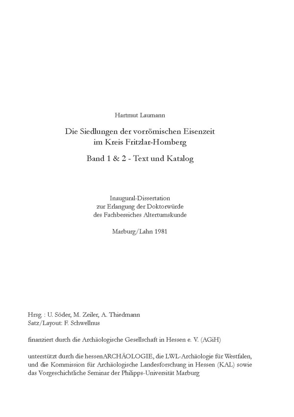 Titelblatt Die Siedlungen der vorrömischen Eisenzeit im Kreis Fritzlar-Homberg