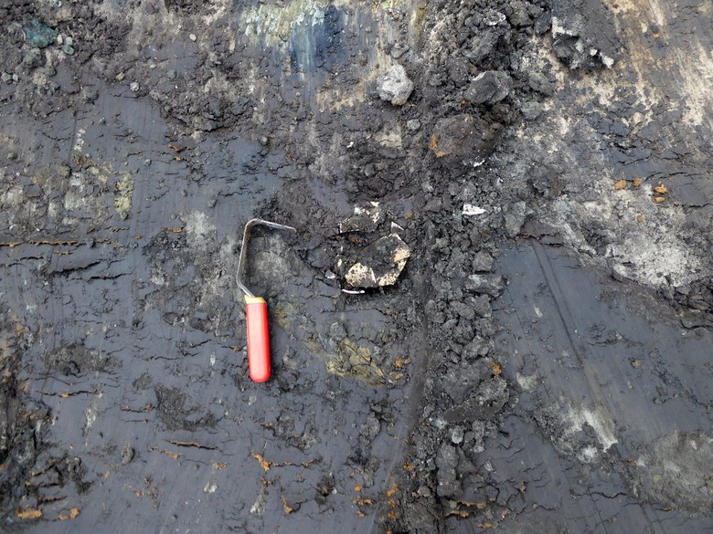 Am straßenseitigen Randbereich des Grabens lag als wichtigster Fund das Fragment eines Kruges bzw. einer Kanne aus Siegburger Steinzeug etwa des 15./frühen 16. Jahrhunderts. (Foto: LWL-Archäologie für Westfalen/J. Hallenkamp-Lumpe)
