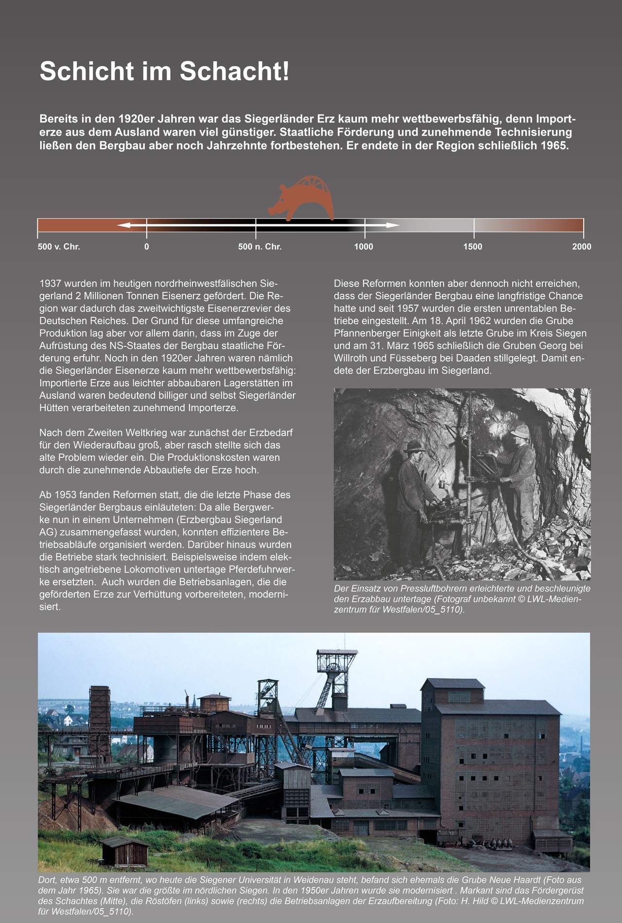 Die Tafeln für das erwachsene Publikum beschreiben wichtige Zäsuren der Technikgeschichte von der Eisenzeit bis in die Gegenwart des Siegerlandes. Ein Zeitstrahl (oben) hilft bei der Orientierung durch die Jahrtausende (Design: Deutsches Bergbau-Museum Bochum/J. Garner).