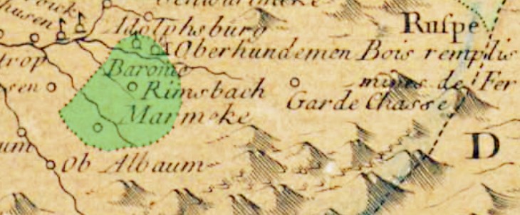 Ausschnitt des Herzogtums Westfalen 1757 mit dem Bereich um Marmecke (hervorgehoben). - Grundlage: LAV NRW Abteilung Westfalen, Karten A, 11721; Bearbeitung: LWL-Archäologie für Westfalen/T. Poggel