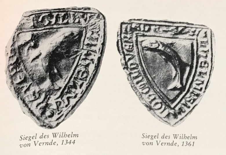Von den Herren von Verne waren bisher zwei schildförmige Siegelabdrücke zu Personen mit Namen Wilhelm aus den Jahren 1344 und 1361 bekannt (Bildnachweis: Theodor Ilgen, Die westfälischen Siegel des Mittelalters, Band 4: Die Siegel von Adeligen, Bürgern und Bauern (Münster 1894-1900), Taf. 233, Nr. 9 und 10).