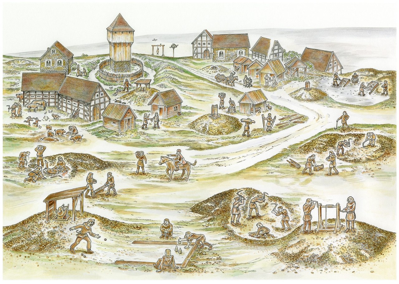 Rekonstruktion der Bergbauwüstung Altenberg bei Müsen, Stand 2018. Im Vordergrund findet sich das Zitat der Kegelspielszene der 1980er Jahre und im Hintergrund beispielhaft die Neudeutung einer Turmburg (Grafik: LWL-Archäologie für Westfalen/A. Müller).