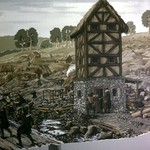 Das zentrale und massivste Gebäude der Bergbausiedlung wurde in den 19080er Jahren unkorrekt interpretiert – tatsächlich bestand hier ein Turm in Steinbauweise mit deutlich größerer Grundfläche (Grafik: Deutsches Bergbau-Museum Bochum). (vergrößerte Bildansicht wird geöffnet)