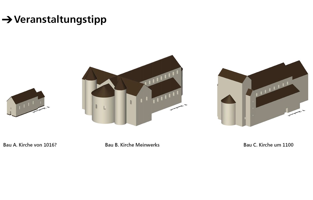 3 Rekonstruktionszeichnungen zur Baugeschichte der Abdinghofkirche; Abb.: LWL/S. Spiong, O. Heilmann